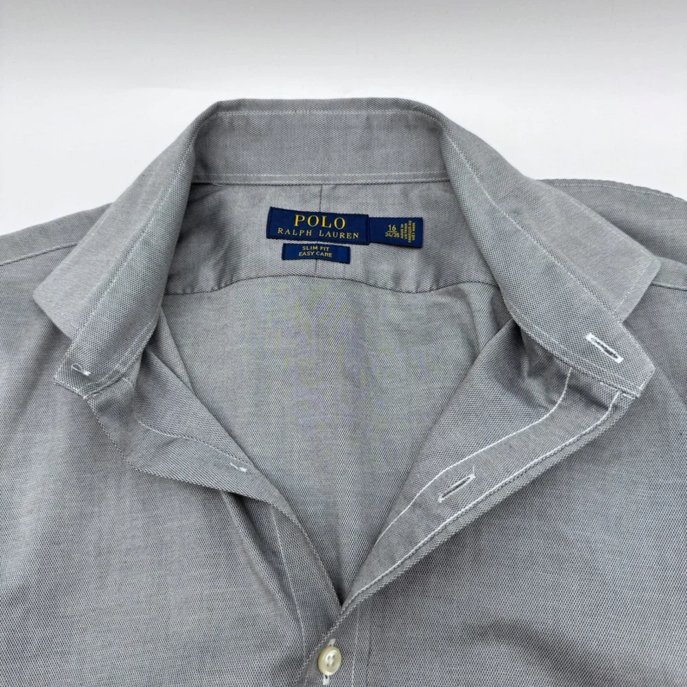 Polo Ralph Lauren Button Down Shirt Mens Large 16 34/35 Grey Slim Fit Cotton
